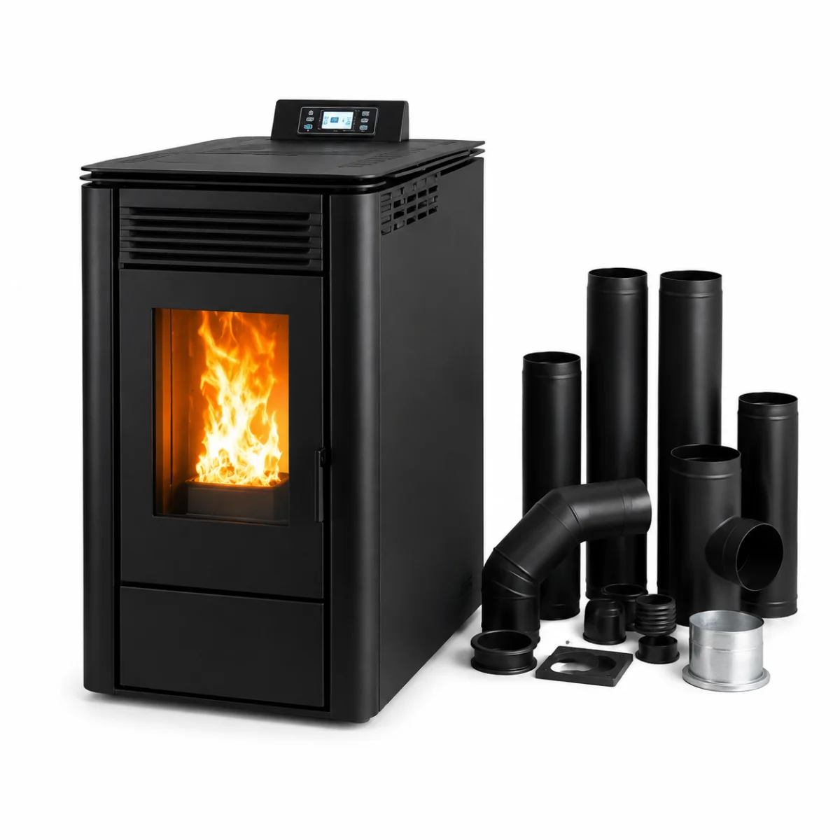 Poêle à Granulés 8 kW Noir – Kit Complet Prêt à Installer